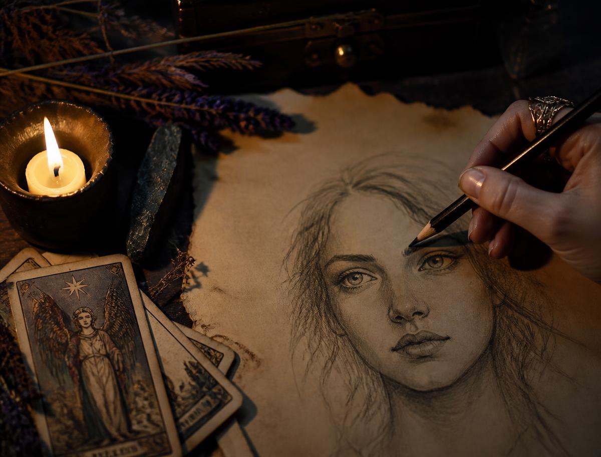 Mão de um artista desenhando um retrato em grafite sobre pergaminho, ao lado de uma vela e cartas de tarô