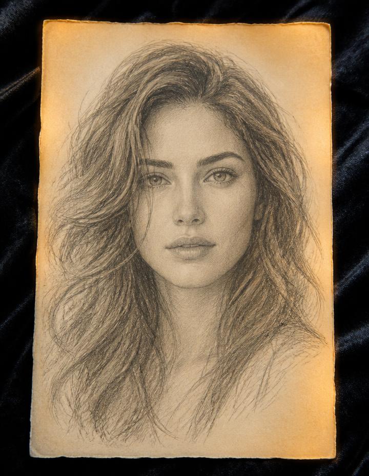 Desenho a grafite de uma mulher de cabelos ondulados sobre pergaminho